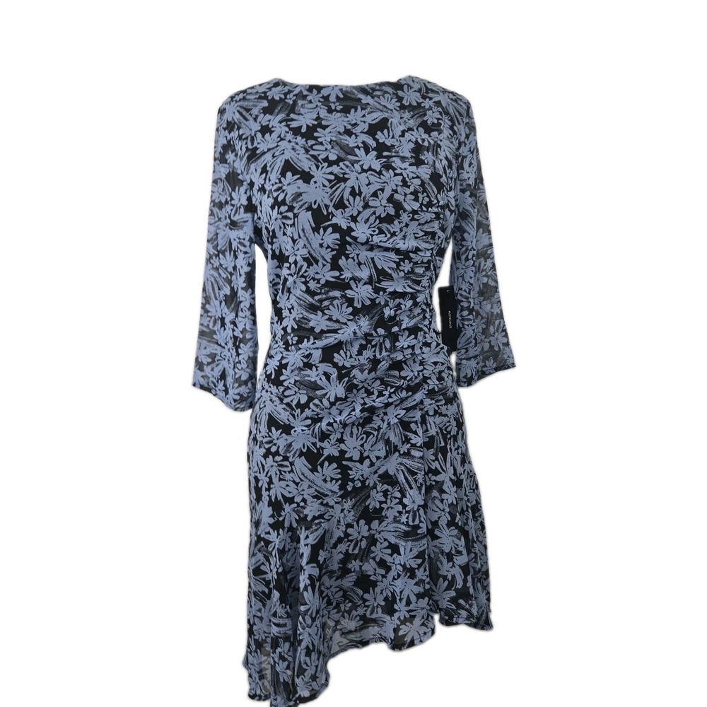 LULUS Medium Blue Black Floral Chiffon 3/4 Sleeve Lined Asymmetrical Mini Dress